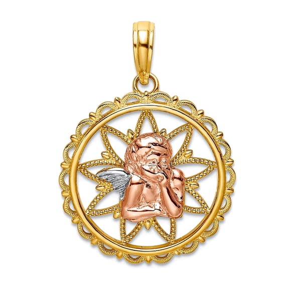 18mm 14k Two-tone Gold Pink Religious Guardian Angel Resting White Elbow In Disk Tri-color Charm Pendant Necklace for Wo