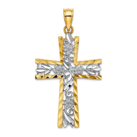 18mm 14k With Rhodium Religious Faith Cross With Sparkle-Cut Edge and White Flower Design Center Pendant Necklace for Wo
