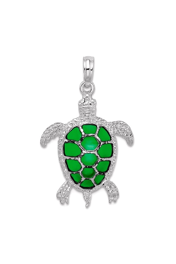 18mm 925 Sterling Silver Rhodium Plated Polished Enameled Green Sea Turtle Pendant Necklace Pendant for Women