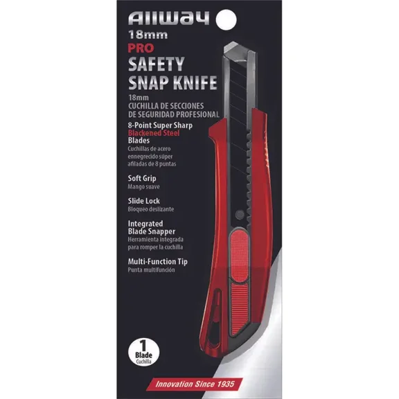 18mm Allway SK18BS Red/Black K-Series Pro Slide Lock Quick Cut Blackened Steel Snap Knife with 8-Point Snap-Off Blade