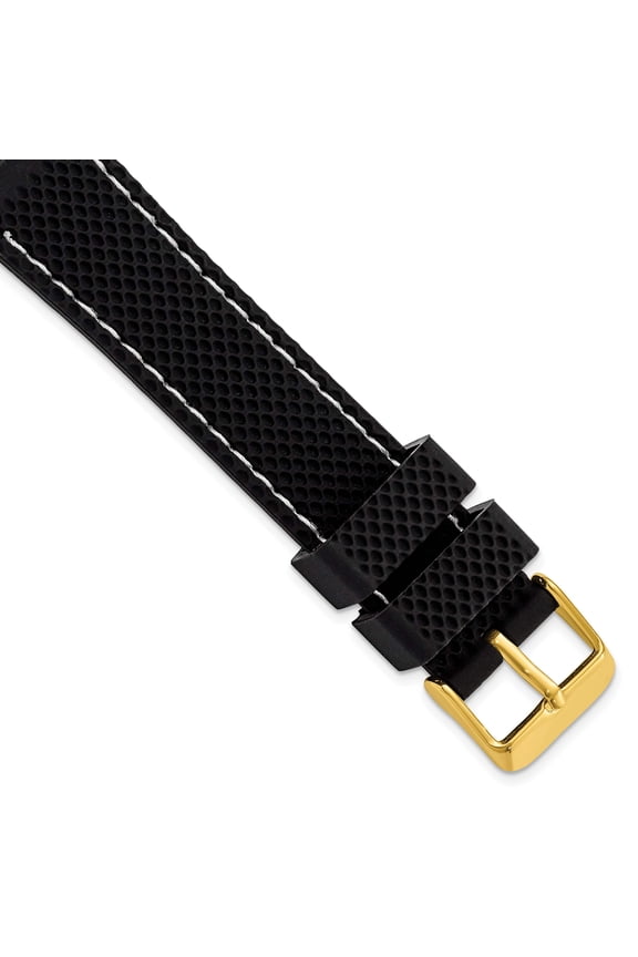 18mm Black Textured Silicone with White Stitching and Gold-tone Buckle 8 inch Watch Band