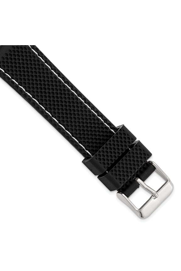 18mm Black Textured Silicone with White Stitching and Silver-tone Buckle 8 inch Watch Band