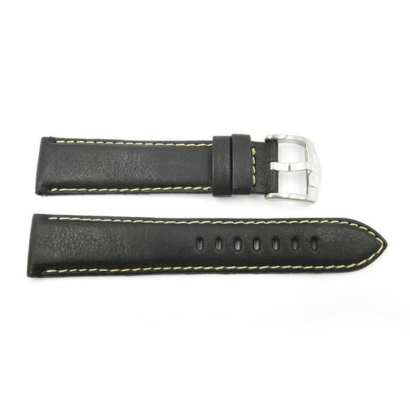 18mm Bull Skin Genuine Leather Black with Contrast Stitching Watch Band