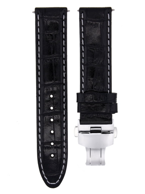 18mm Leather Watch Band Strap, Black with White Stitching, Silver Buckle, Compatible With Rolex Watch Buterfly Clasp Black