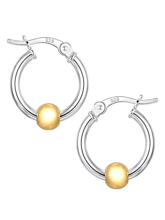 18mm Minimalist Hoop Earrings Sterling Silver Two Tone Small Hoops Gold Bead