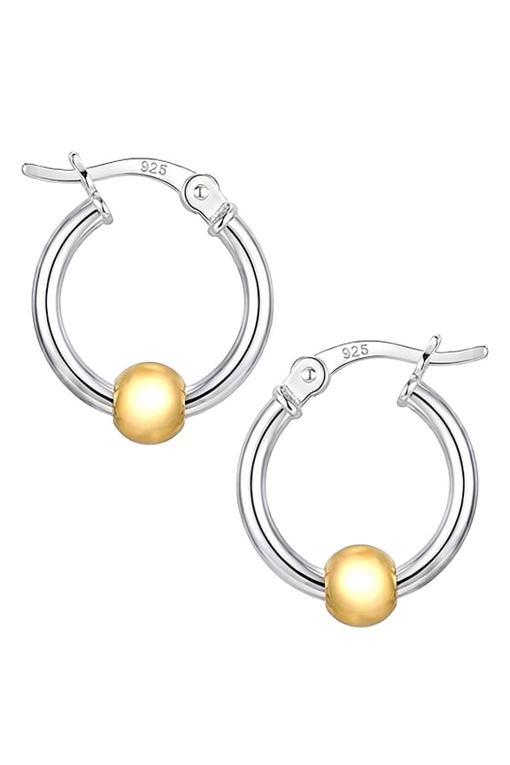 18mm Minimalist Hoop Earrings Sterling Silver Two Tone Small Hoops Gold Bead