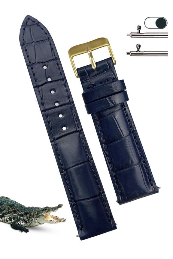 18mm Navy Blue Leather Watch Band Alligator Watch Strap Gold Buckle Quick Release Replacement Strap Soft Handmade Wristband Stainless Steel Vintage Gift for Men Father's Day Dad Son Husband