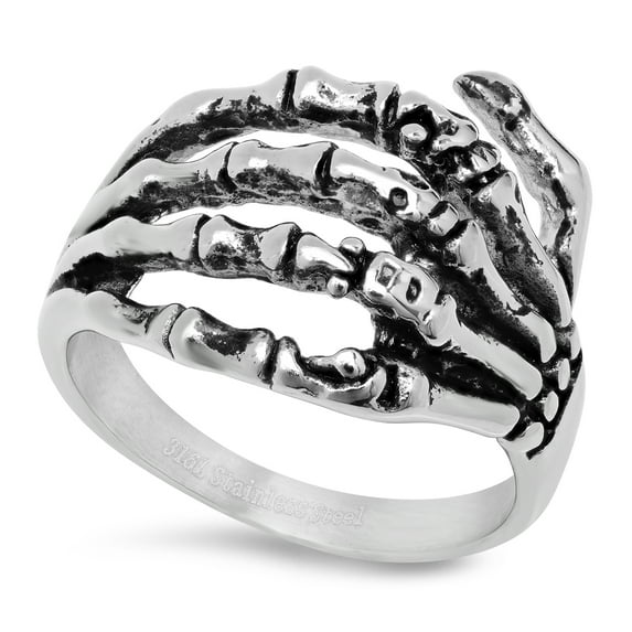 18mm Stainless Steel Skeletal Hand Biker Ring, Size 17