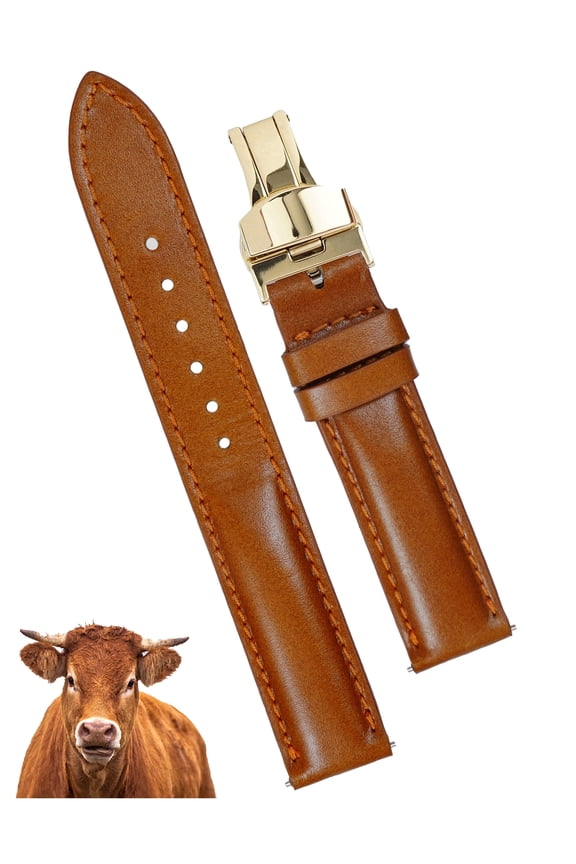 18mm Tan Brown Leather Watch Band Men Deployment Clasp Watch Strap Soft Handmade Wristband Quick Release Replacement Gold Butterfly Buckle, Vintage Gift for Father's Day Dad Son Husband