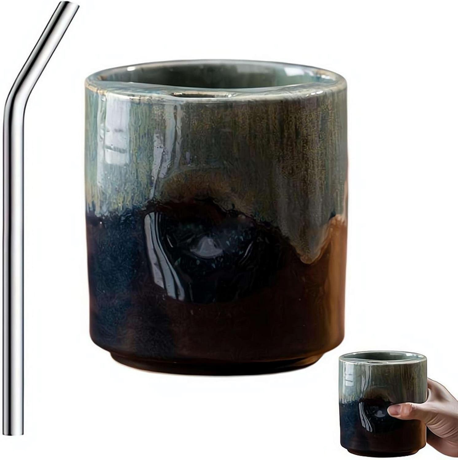 18oz Ceramic Coffee Mug with Sip Lid, Handleless Tumbler in a Vintage ...