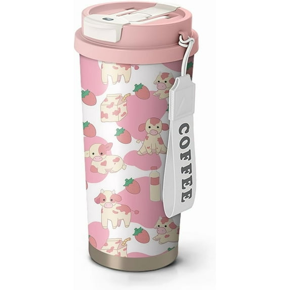 18oz Cute Bee Coffee Mug Travel Cups with Lid and Flip Straw, Pink Stainless Steel Insulated Tumbler Water Bottle with Strap, Gifts for Women Animal Lovers