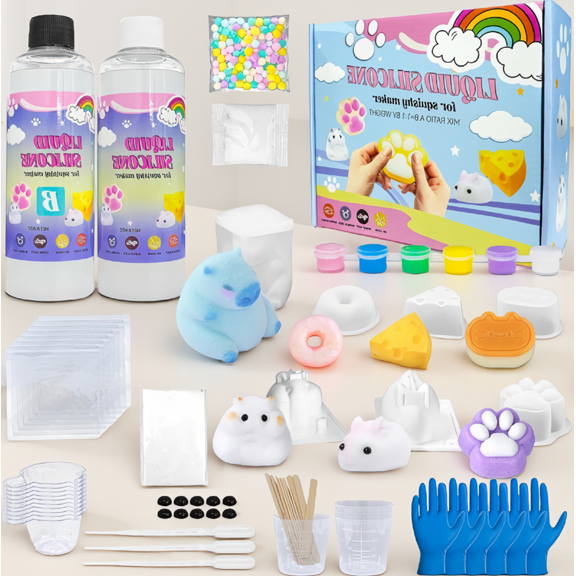 18oz DIY Soft Making Kit with 7 Molds, 6 Color Pigments, 1:1 Two-Part Gel Slow Rising Squeeze Set for Beginners