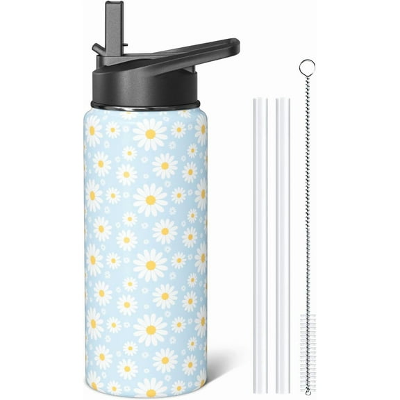 18oz Daisy Water Bottles with Flip Straw & Spout Lid, Double Wall Stainless Steel Travel Sport Bottle, Blue Gym Gifts for Women Men (1PC)
