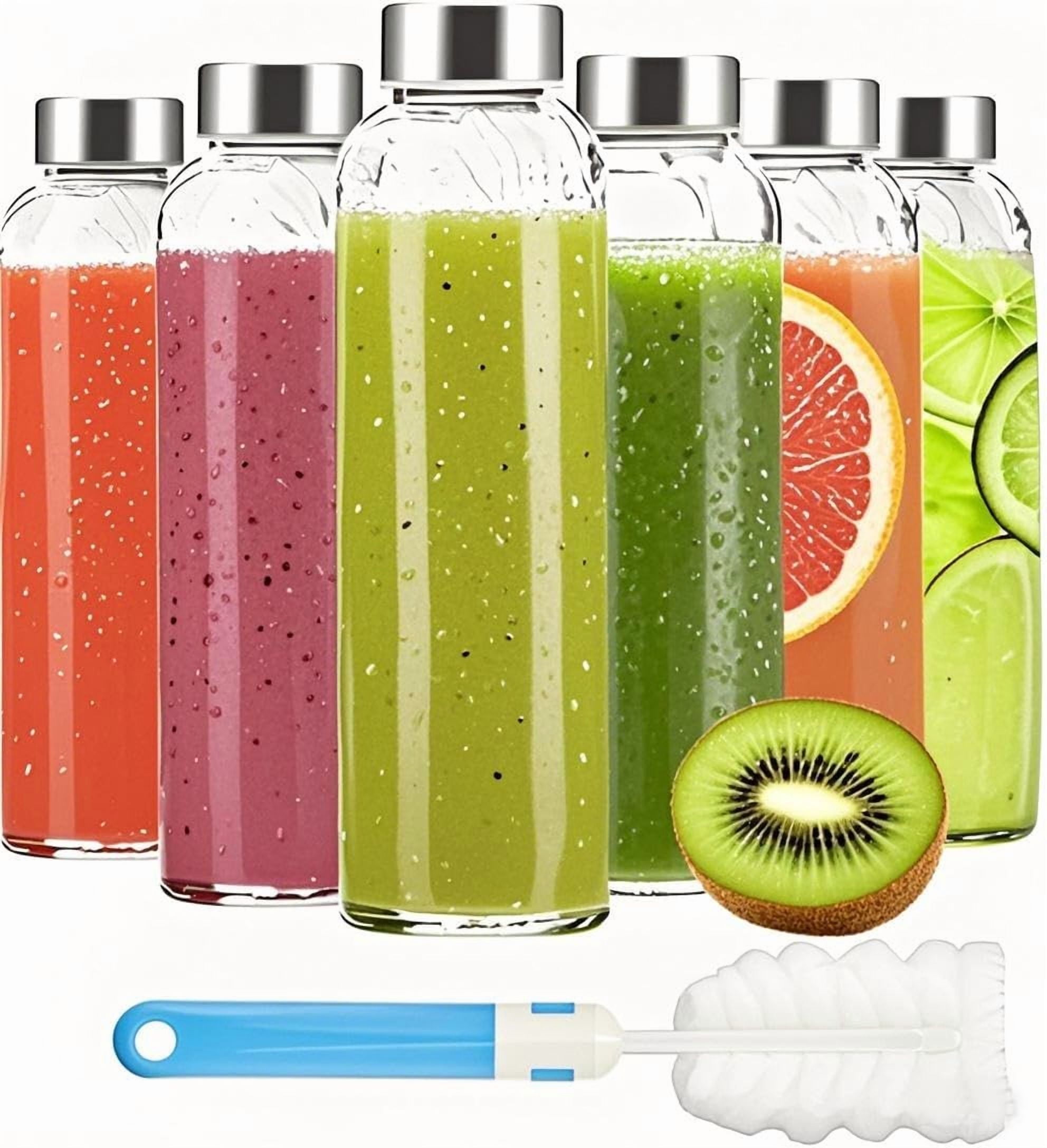 18oz Glass Juice Bottles with Lids Set of 6,Clear Glass Water Bottles,Reusable Drinking Bottles with Stainless Steel Airtight Cap,Storage Containers for Refrigerator-BPA Free,Leak Proof