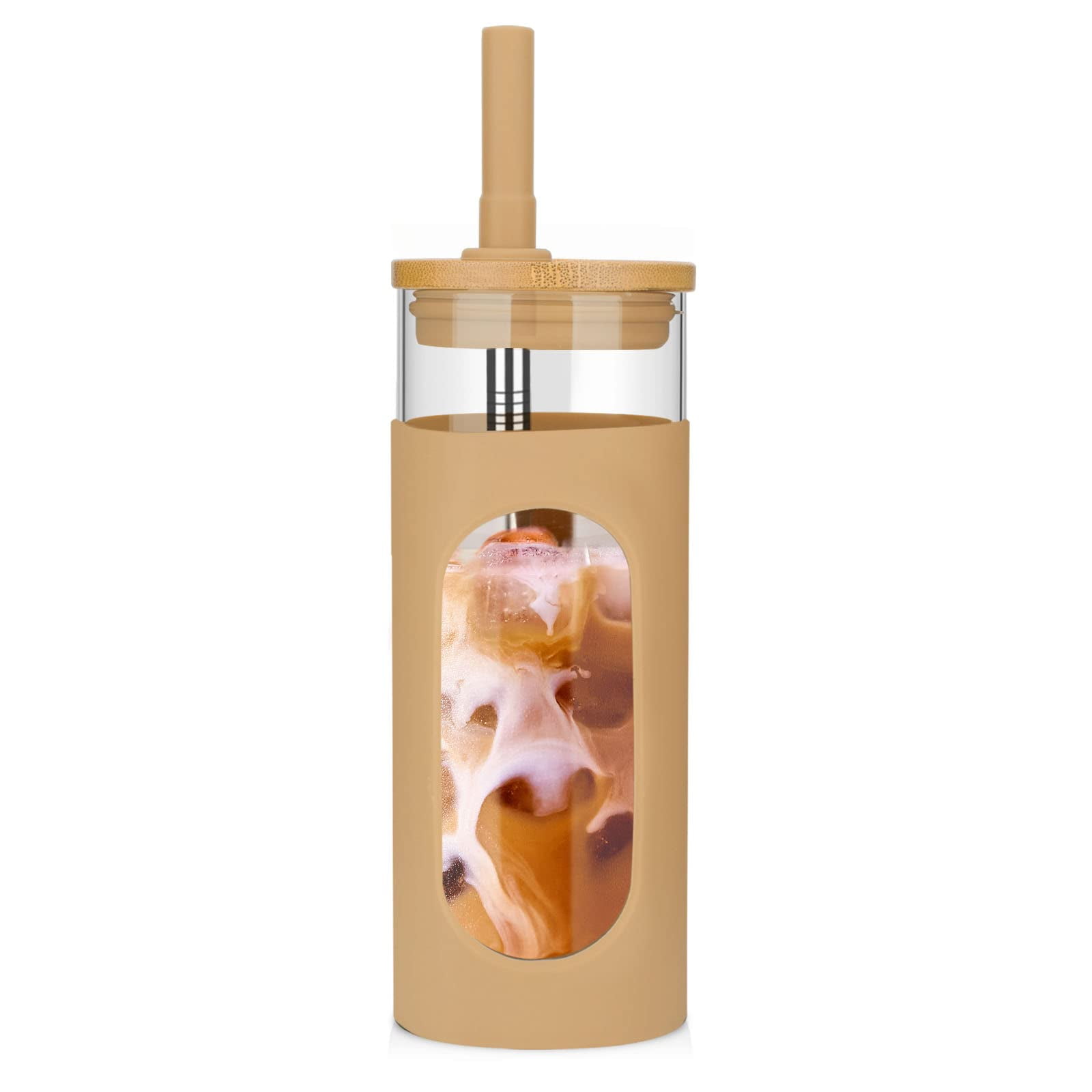 18oz Glass Tumbler with Bamboo Lid and Straw Boba, Iced Coffee