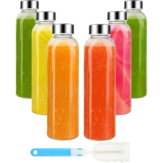18oz Glass Water Bottle Set of 6, Clear glass juice bottle for juicing,Reusable Drinking Bottles with Stainless Steel Lid,Beverage Storage Containers for Refrigerator-BPA Free,Leak Proof