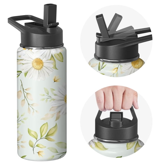 18oz Insulated Water Bottle with Straw & Cleaning Brush, Wide Mouth Stainless Steel Flask, Daisy Floral Print