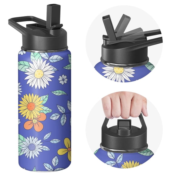 18oz Insulated Water Bottle with Straw & Cleaning Brush, Wide Mouth Stainless Steel Flask, Daisy Floral Print