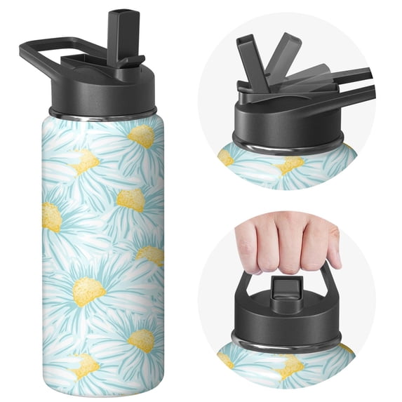 18oz Insulated Water Bottle with Straw & Cleaning Brush, Wide Mouth Stainless Steel Flask, Daisy Floral Print