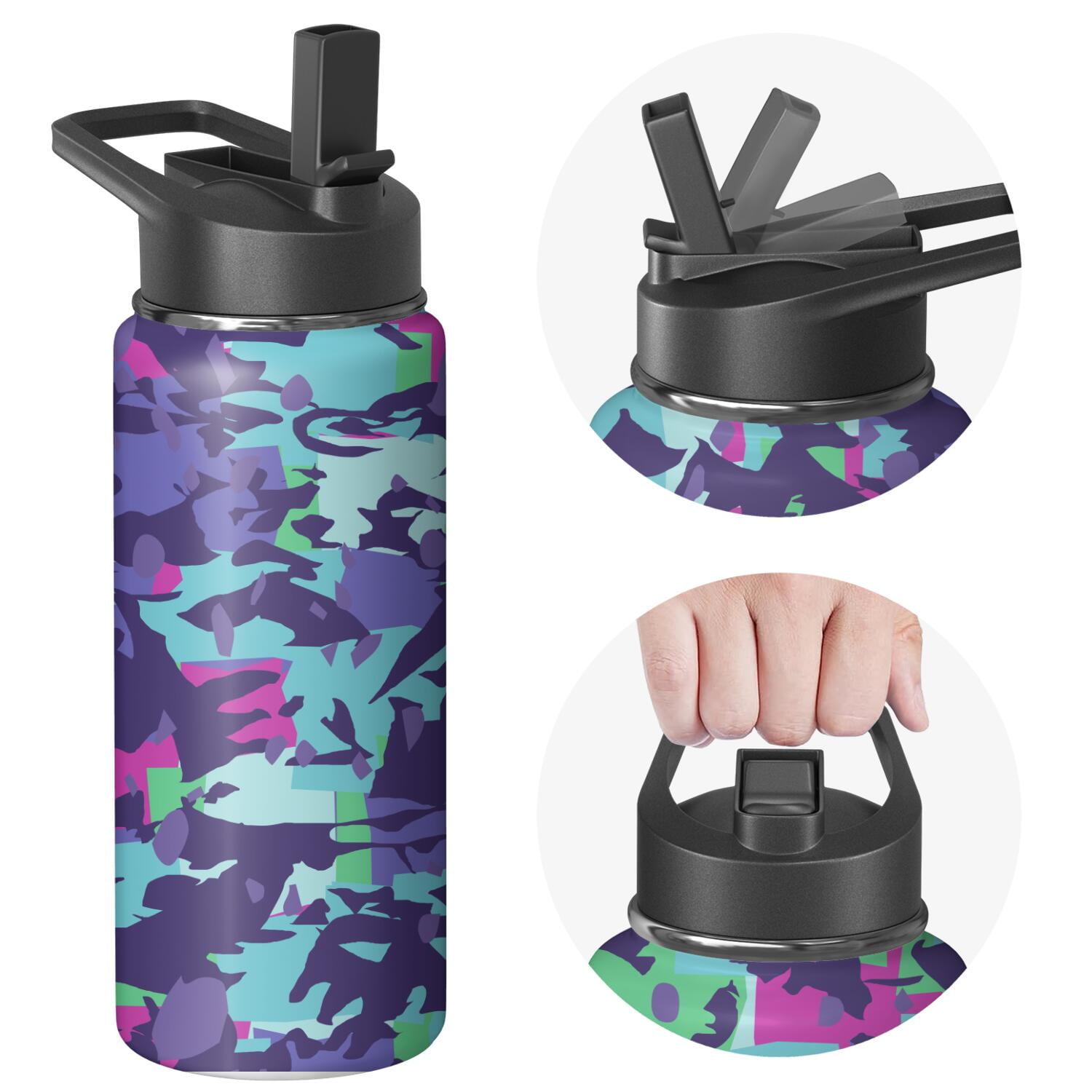 18oz Insulated Water Bottle with Straw & Cleaning Brush, Wide Mouth Stainless Steel Flask, Watercolor Splatter Painting Print