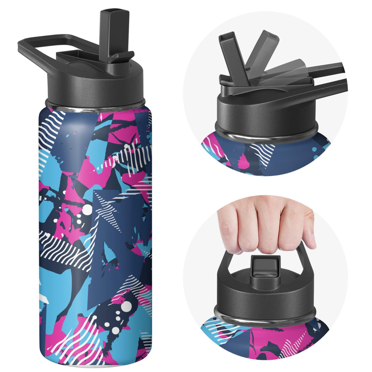 18oz Insulated Water Bottle with Straw & Cleaning Brush, Wide Mouth Stainless Steel Flask, Watercolor Splatter Painting Print