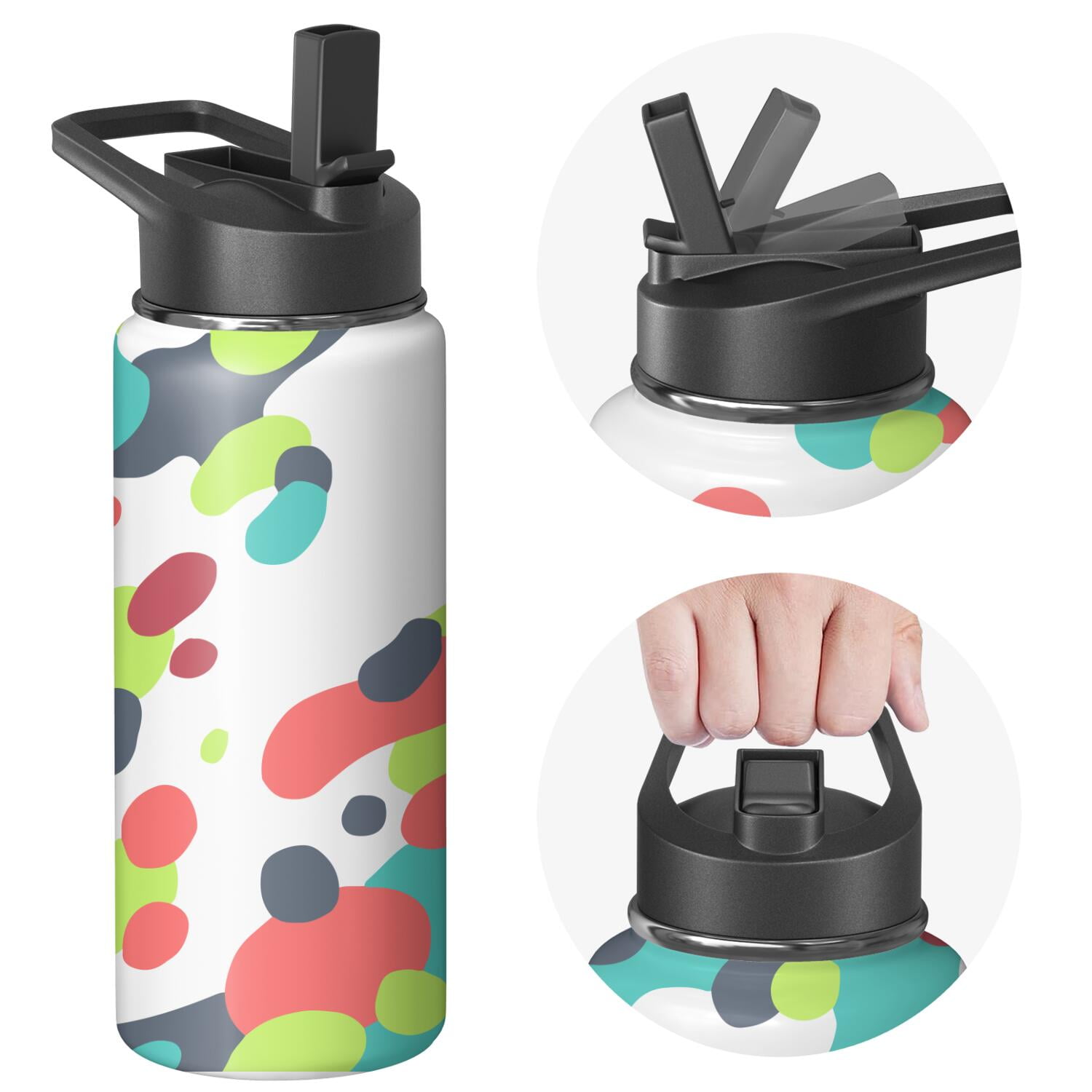 18oz Insulated Water Bottle with Straw & Cleaning Brush, Wide Mouth Stainless Steel Flask, Watercolor Splatter Painting Print