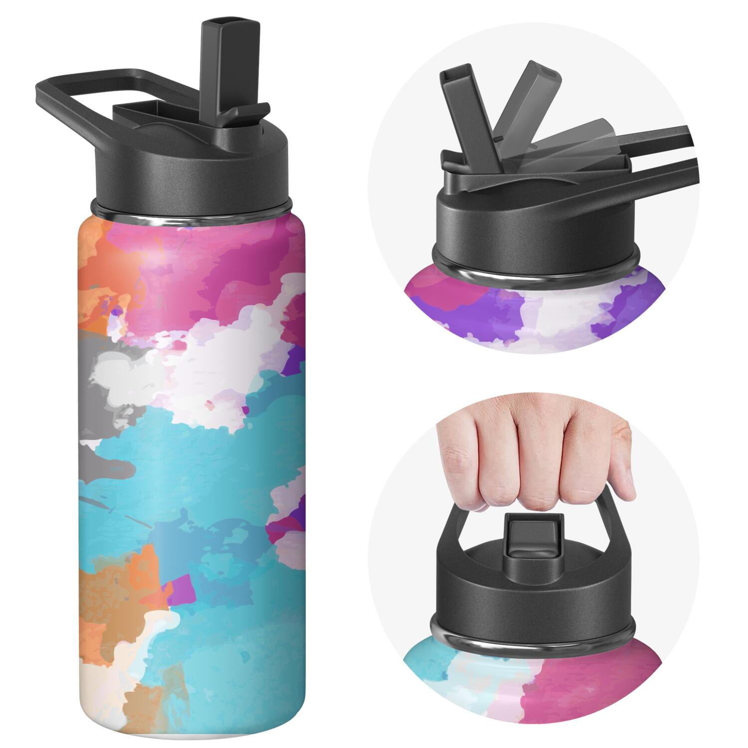 18oz Insulated Water Bottle with Straw & Cleaning Brush, Wide Mouth Stainless Steel Flask, Watercolor Splatter Painting Print