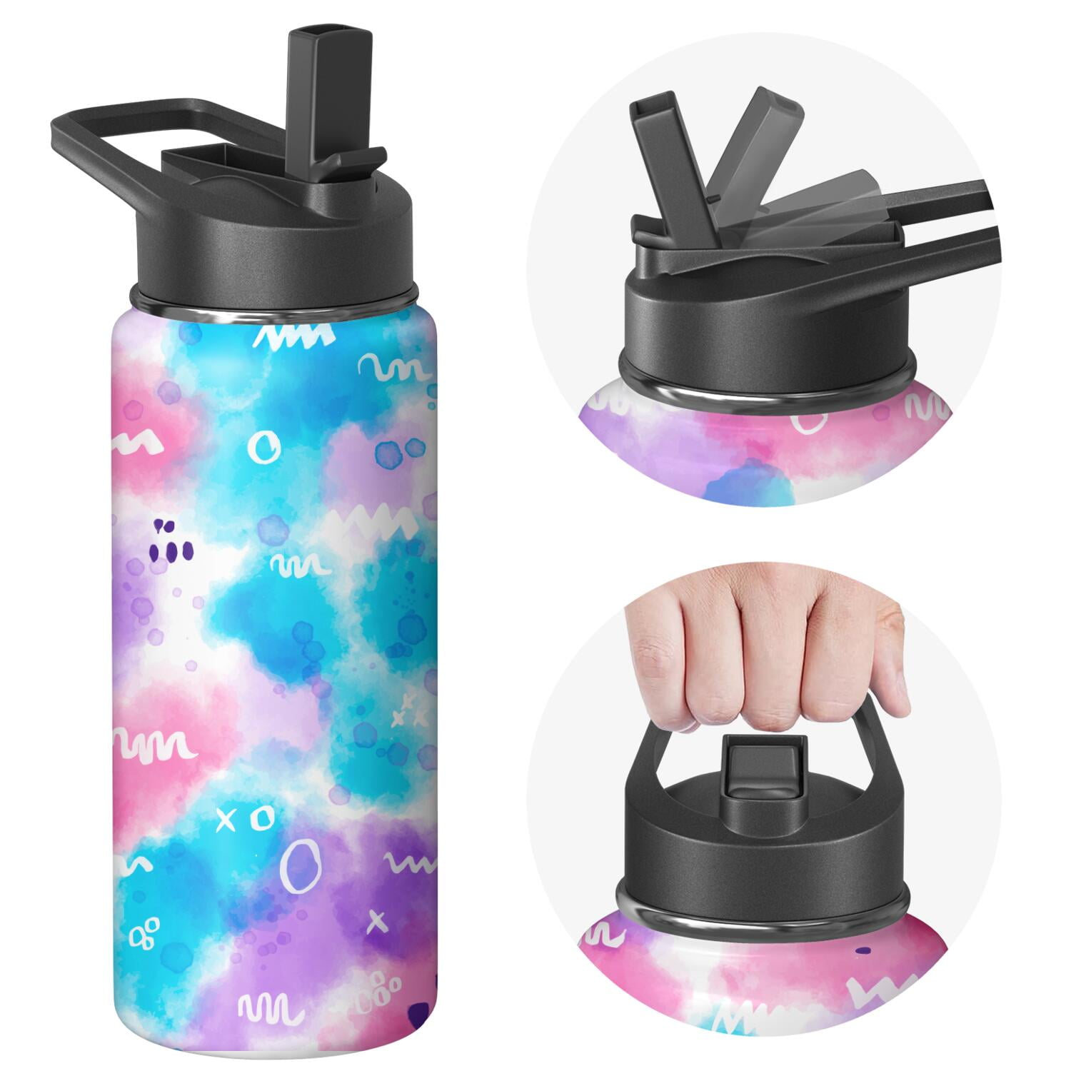 18oz Insulated Water Bottle with Straw & Cleaning Brush, Wide Mouth Stainless Steel Flask, Watercolor Splatter Painting Print