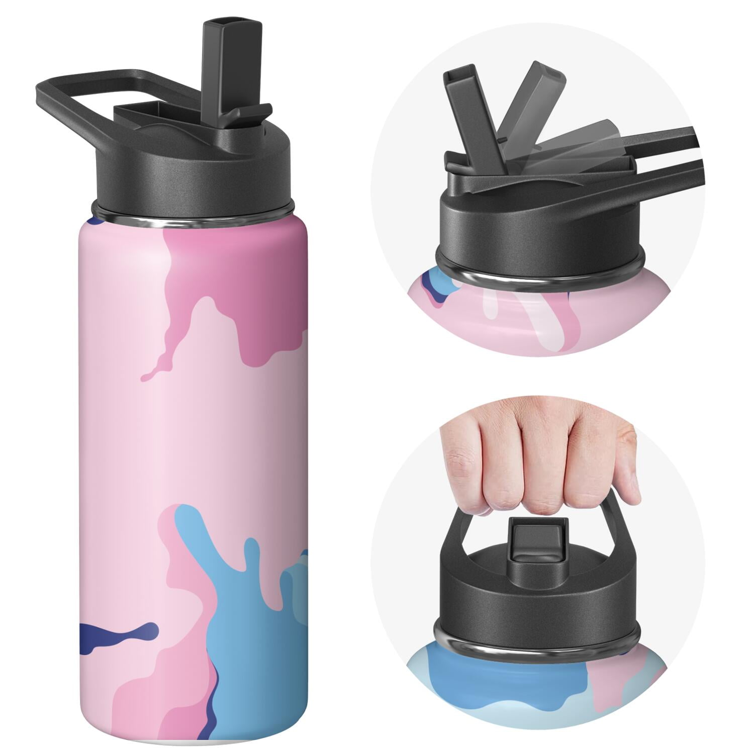 18oz Insulated Water Bottle with Straw & Cleaning Brush, Wide Mouth Stainless Steel Flask, Watercolor Splatter Painting Print