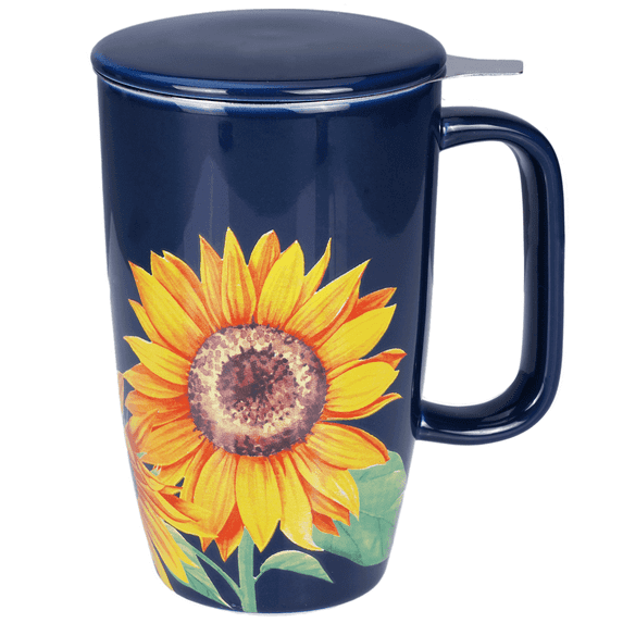 18oz Ceramic Sunflower Mug with Infuser, Lid & Steel Strainer Perfect for Daily Tea & Coffee Brewing, Sleek Navy Blue, Dishwasher Safe