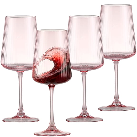 18oz Pink Ribbed Wine Glasses Set of 4, Vintage Crystal Wine Glasses with Long Stem & Thin Rim, Ideal for Birthdays & Anniversaries