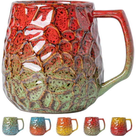 18oz Red & Green Kiln-Change Ceramic Coffee Mug, Handcrafted Hammered Texture Ceramic Mug with Handle, Microwave & Dishwasher Safe, for Coffee Lovers, Office Daily Use