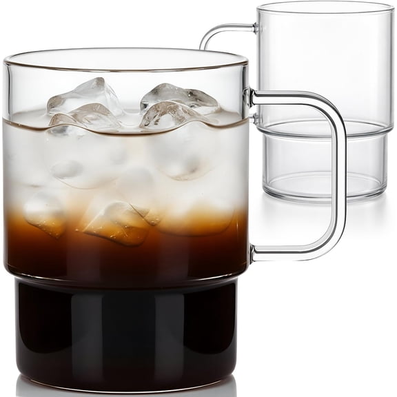 18oz Stackable Glass Mugs with Handle, Set of 2 - Large Clear Coffee Cups for Latte, Cappuccino, Mocha, , and