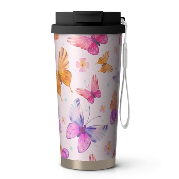 18oz Travel Coffee Mug, 316 Stainless Steel Vacuum Insulated Tumbler with 2-in-1 Straw Lid & Strap, Boho Butterfly Pattern