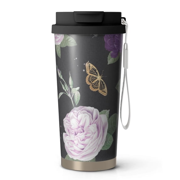 18oz Travel Coffee Mug, 316 Stainless Steel Vacuum Insulated Tumbler with 2-in-1 Straw Lid & Strap, Boho Butterfly Pattern