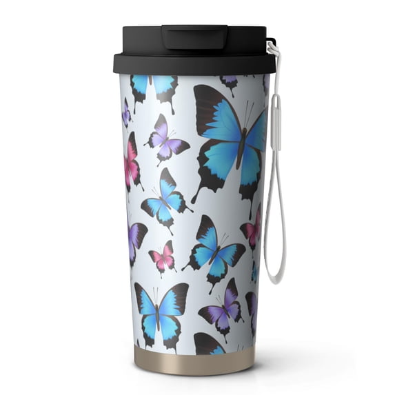 18oz Travel Coffee Mug, 316 Stainless Steel Vacuum Insulated Tumbler with 2-in-1 Straw Lid & Strap, Boho Butterfly Pattern