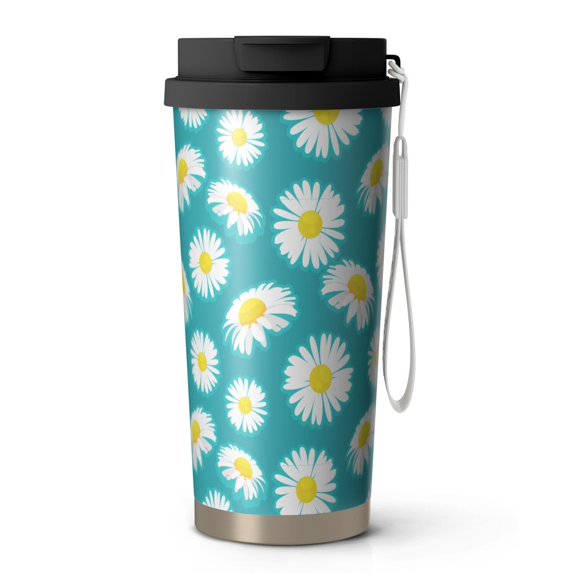 18oz Travel Coffee Mug, 316 Stainless Steel Vacuum Insulated Tumbler with 2-in-1 Straw Lid & Strap, Daisy Floral Print