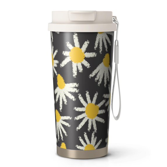 18oz Travel Coffee Mug, 316 Stainless Steel Vacuum Insulated Tumbler with 2-in-1 Straw Lid & Strap, Daisy Floral Print