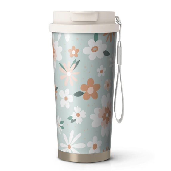 18oz Travel Coffee Mug, 316 Stainless Steel Vacuum Insulated Tumbler with 2-in-1 Straw Lid & Strap, Daisy Floral Print