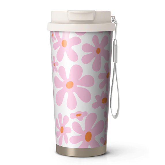 18oz Travel Coffee Mug, 316 Stainless Steel Vacuum Insulated Tumbler with 2-in-1 Straw Lid & Strap, Daisy Floral Print