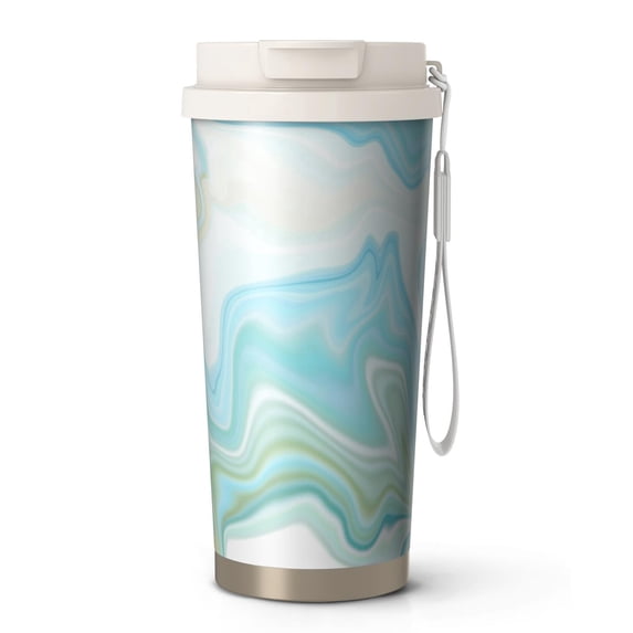 18oz Travel Coffee Mug, 316 Stainless Steel Vacuum Insulated Tumbler with 2-in-1 Straw Lid & Strap, Liquid & Marble Print