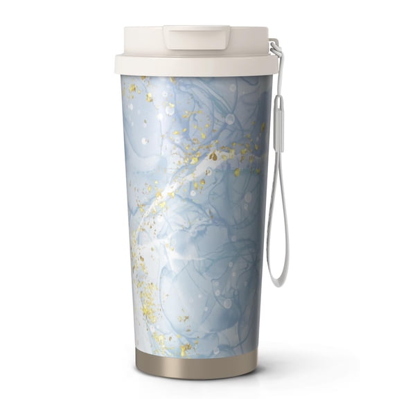 18oz Travel Coffee Mug, 316 Stainless Steel Vacuum Insulated Tumbler with 2-in-1 Straw Lid & Strap, Turquoise Marble Watercolor Print