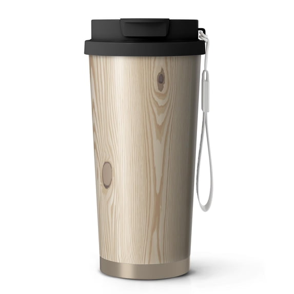 18oz Travel Coffee Mug, 316 Stainless Steel Vacuum Insulated Tumbler with 2-in-1 Straw Lid & Strap, Wood Print