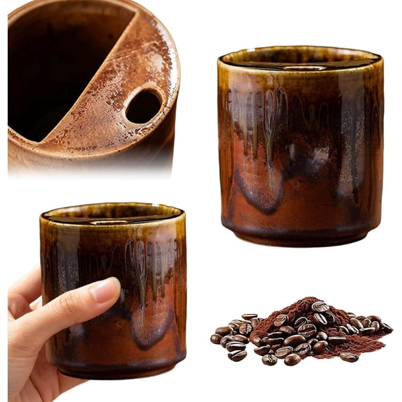18Oz Vintage Kiln Style Ceramic Coffee Mug, Hand-Painted with Sip Hole & Straw, Brown Porcelain Cup for Home Travel(a)