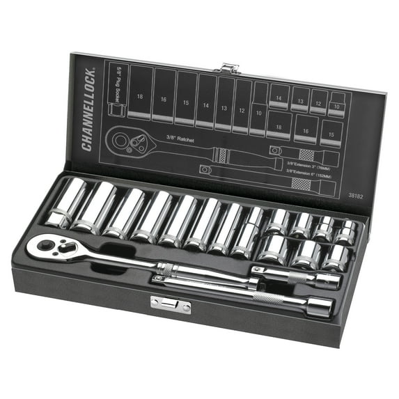 CHANNELLOCK 3/8-inch Metric Drive Socket Set, Includes Standard and Deep-Well Sizes, 6-point Sockets, Durable Steel Case, 18 pieces (38182)