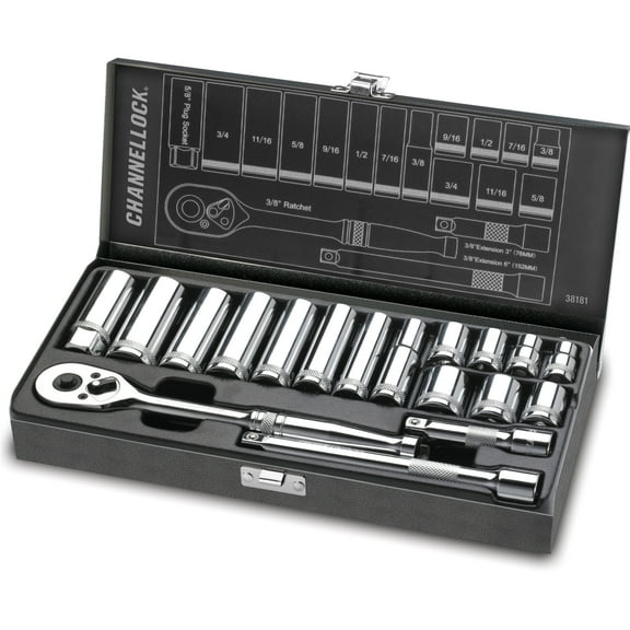 CHANNELLOCK 3/8-inch SAE Drive Socket Set, Includes Standard and Deep-Well Sizes, 6-Point Sockets, Durable Steel Case, 18 pieces (38181)