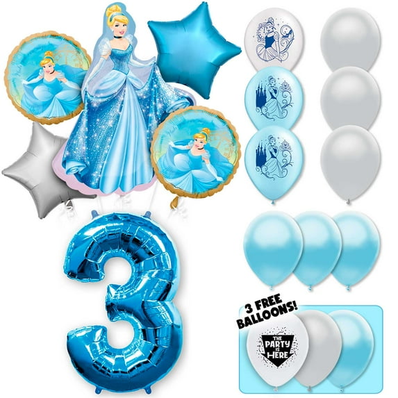 18pc Cinderella Balloons Deluxe Bouquet Kit with 42" Blue Number 3 Foil Balloon - 3rd Birthday Party Decor Decoration Supplies