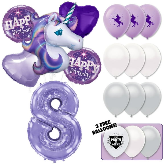 18pc Enchanted Lilac Unicorn Balloons Bouquet Kit with 42” Lilac Purple Number 8 Foil Balloon - 8th Birthday Party Decor Decoration Supplies