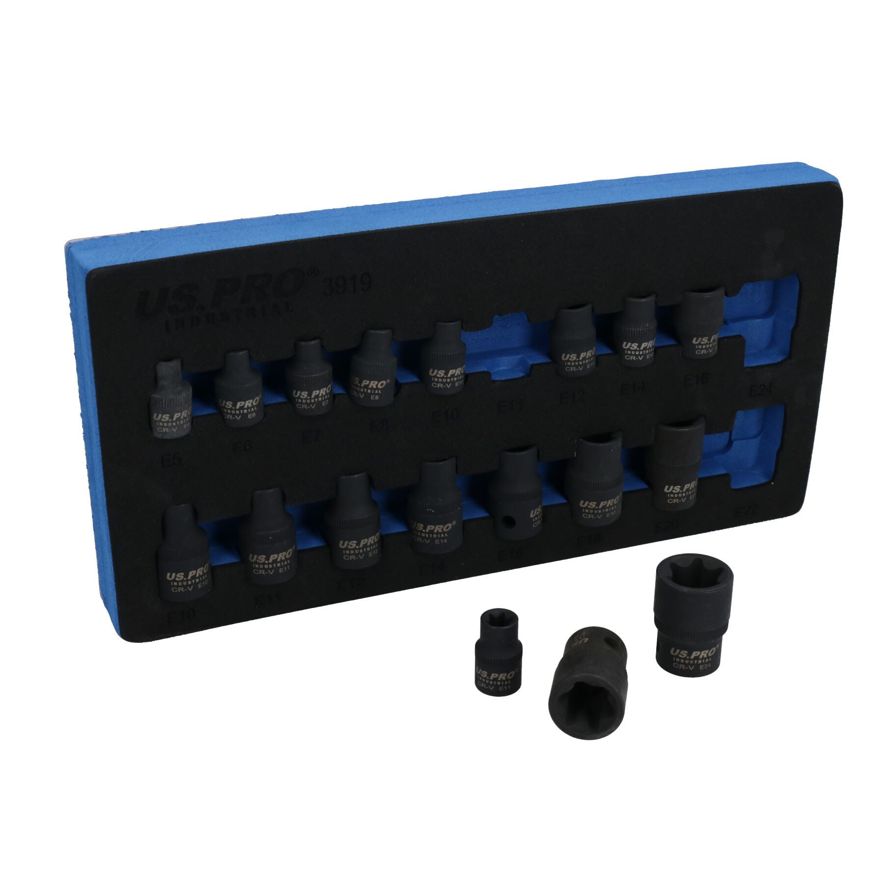 18pc Female Impacted E Torx Star Sockets E5 – E24 3/8” and 1/2