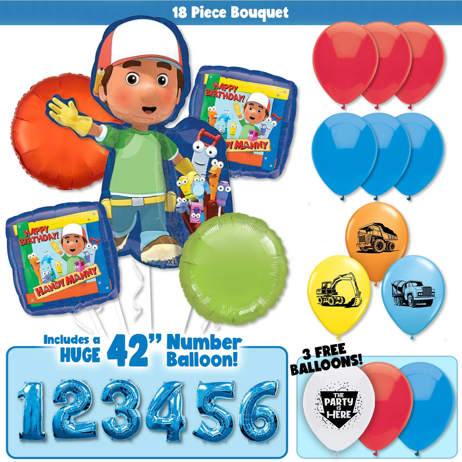 18pc Handy Manny Happy Birthday Deluxe Balloon Bouquet with 42" Blue